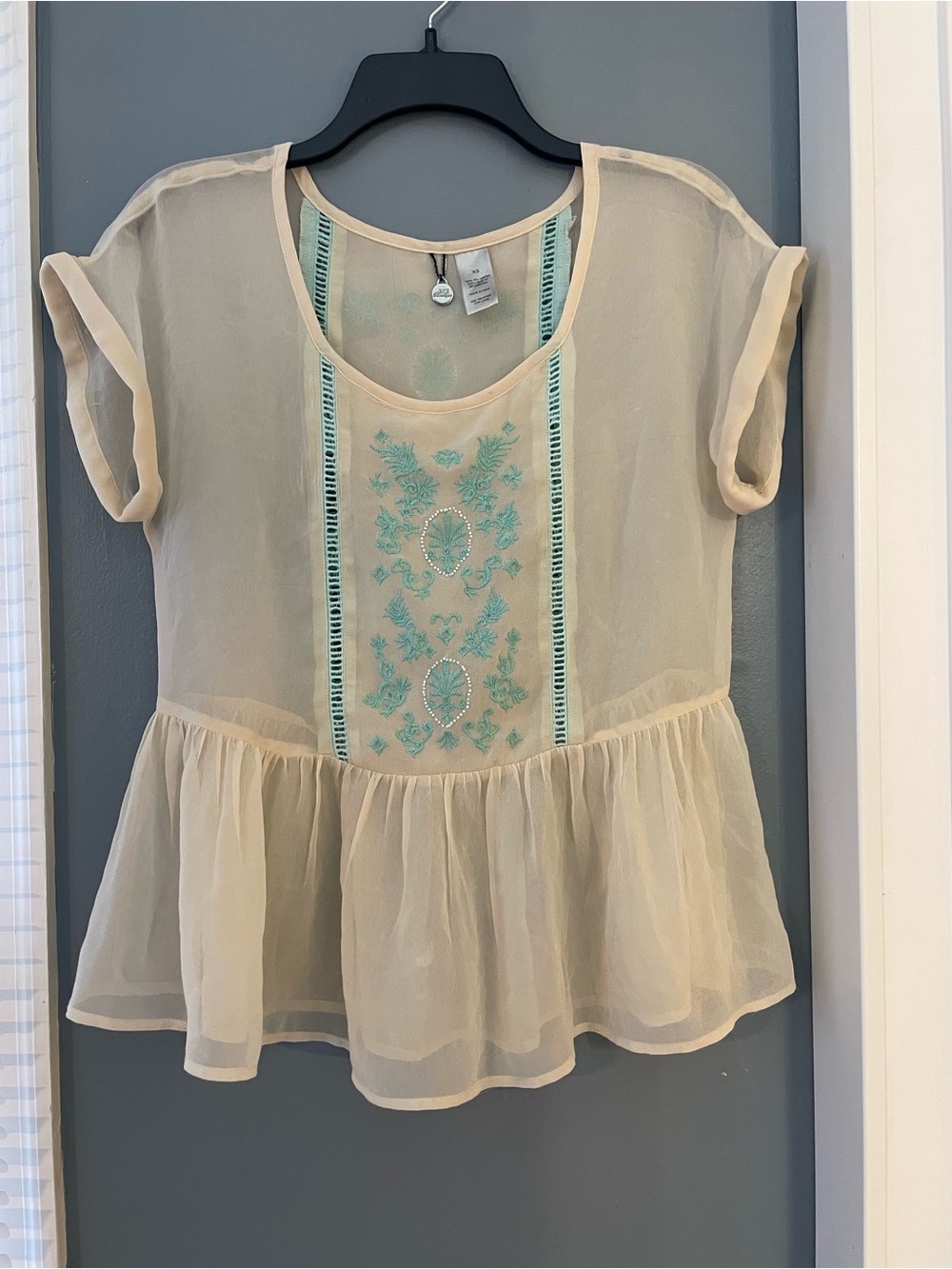 BKE Cream Sheer Peplum Blouse with Mint Embroidery
